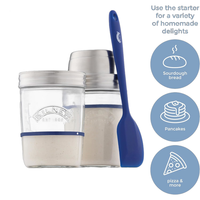 Set of two clear glass Kilner jars with stainless steel lids and blue silicone band, filled with sourdough starter, accompanied by a blue silicone spatula, handcrafted for Kitchen & Food and Baking Supplies collections.