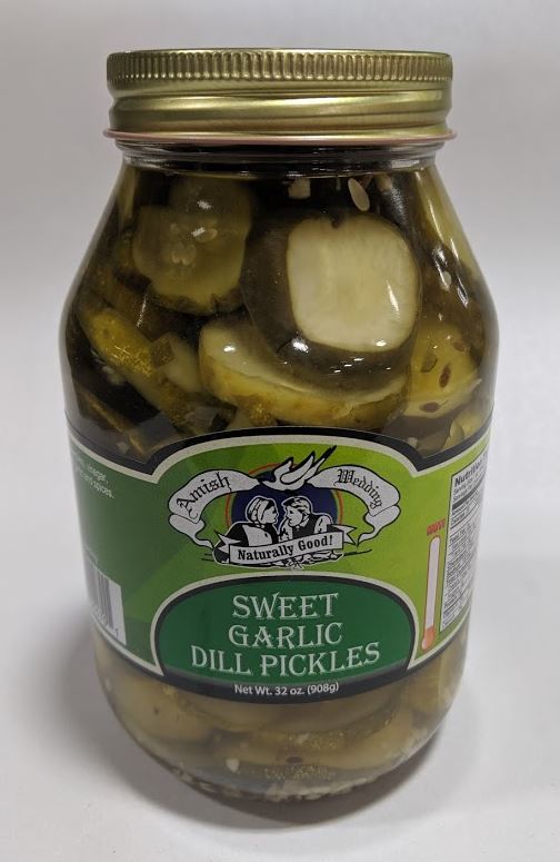 Glass jar of handcrafted sweet garlic dill pickles in brine with vintage Amish label and gold metal lid, ideal for Kitchen & Food, Food, Pantry, USA Made, Best Sellers, and Promo Eligible collections.