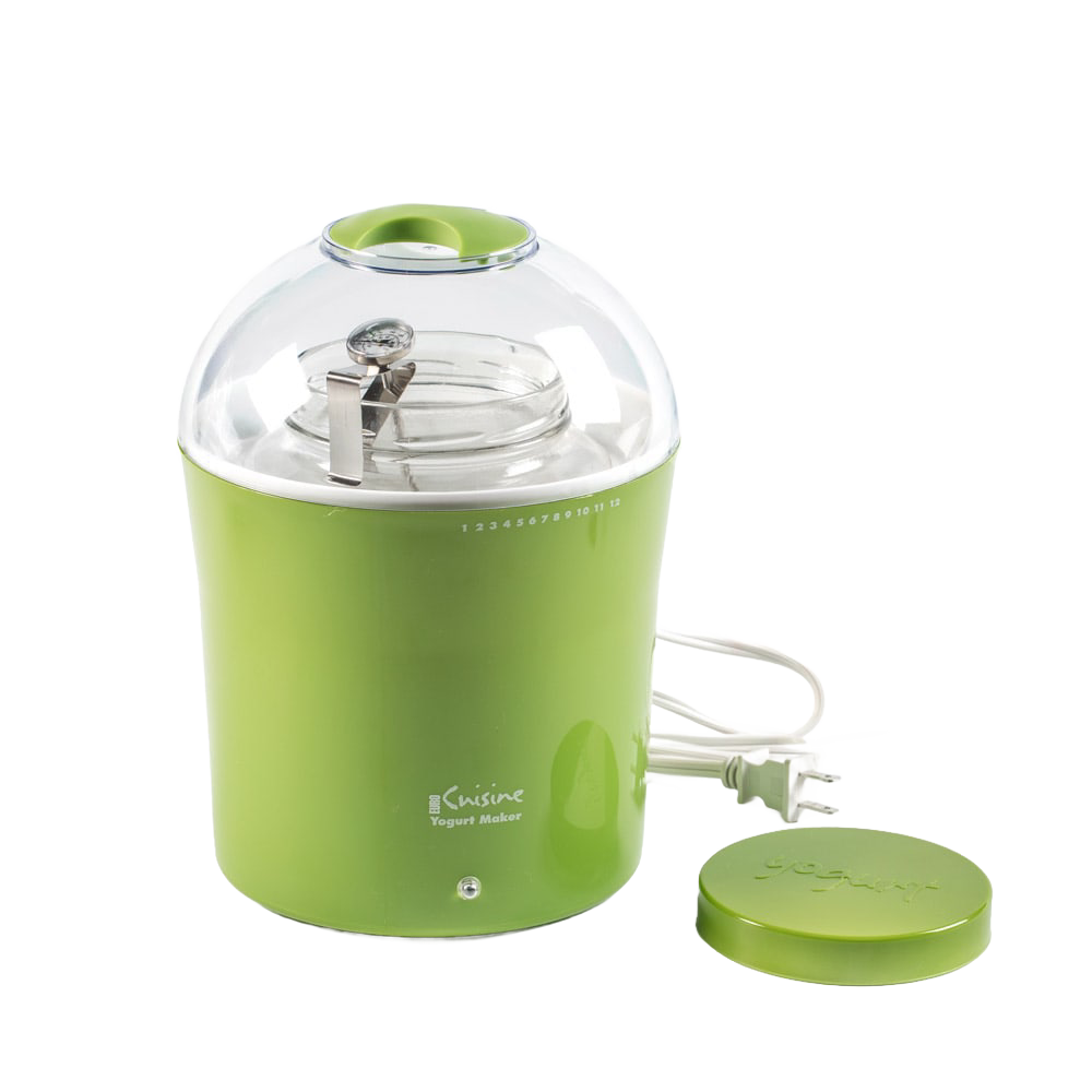 Green electric yogurt maker with clear dome lid and metal jar inside, featuring a thermometer and separate matching green lid, part of Kitchen & Food and Specialty Equipment collections.