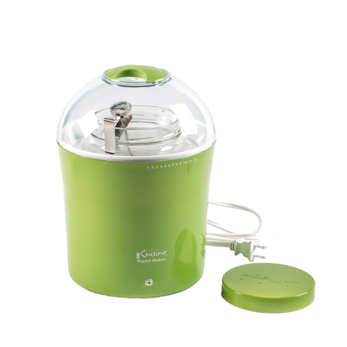 Green electric yogurt maker with clear dome lid and metal jar inside, featuring a thermometer and separate matching green lid, part of Kitchen & Food and Specialty Equipment collections.