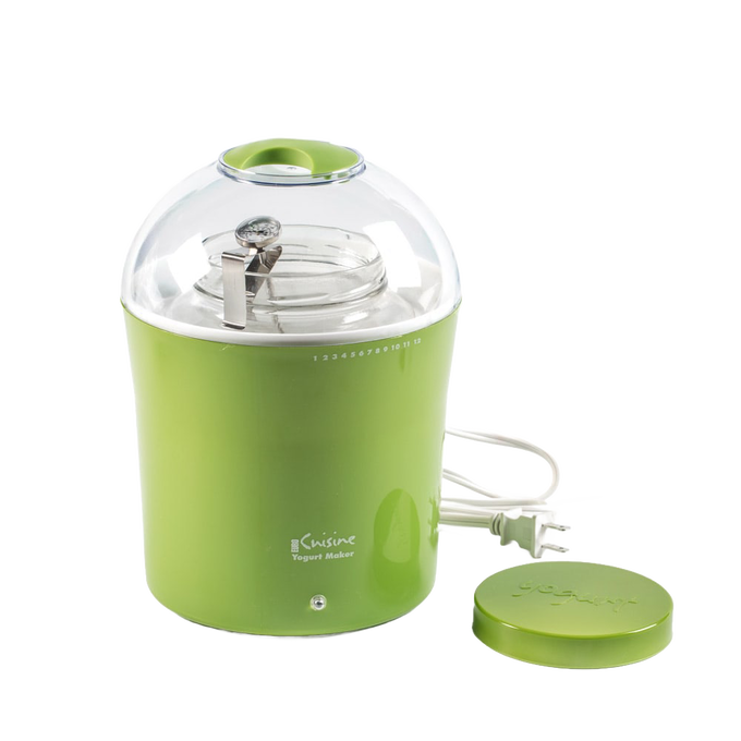 Green electric yogurt maker with clear dome lid and metal jar inside, featuring a thermometer and separate matching green lid, part of Kitchen & Food and Specialty Equipment collections.