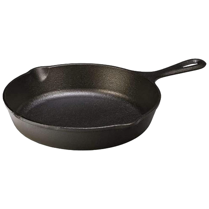 Pre-seasoned black cast iron skillet with a long handle, designed for superior heat retention and durability, ideal for Kitchen & Food, Cookware, Cast Iron, Best Sellers, and Promo Eligible collections.
