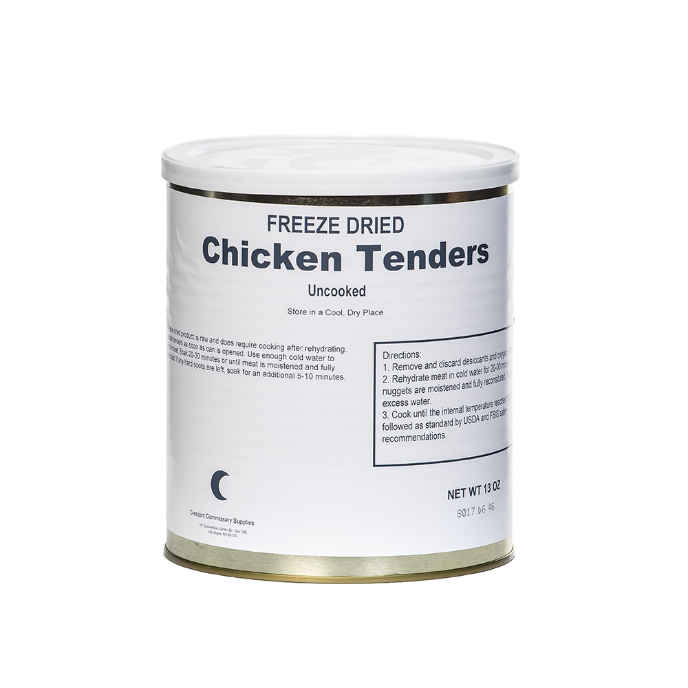 Metal can of freeze-dried chicken tenders labeled uncooked, made in USA for long-term storage, featured in Kitchen & Food, Food, Freeze Dried, USA Made, and Best Sellers collections.