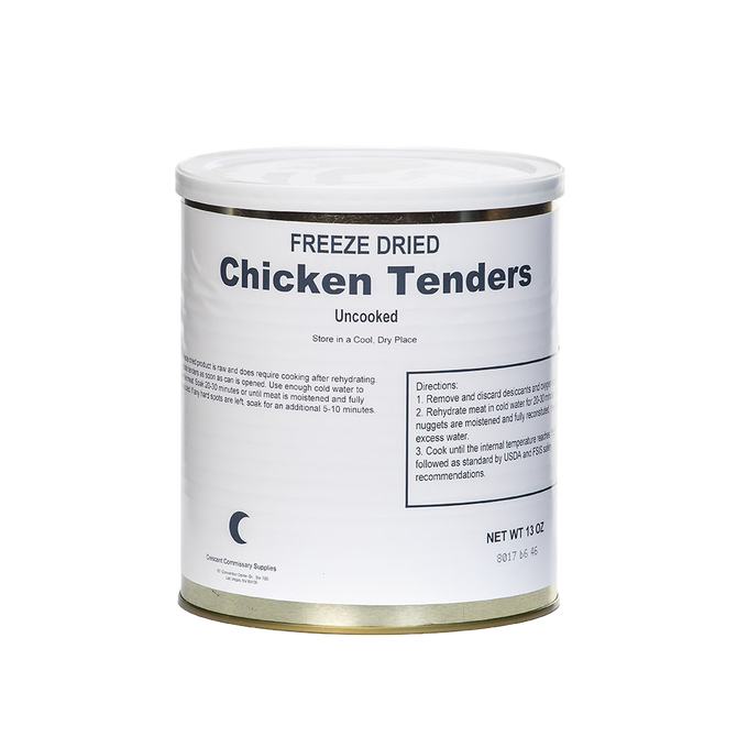 Metal can of freeze-dried chicken tenders labeled uncooked, made in USA for long-term storage, featured in Kitchen & Food, Food, Freeze Dried, USA Made, and Best Sellers collections.