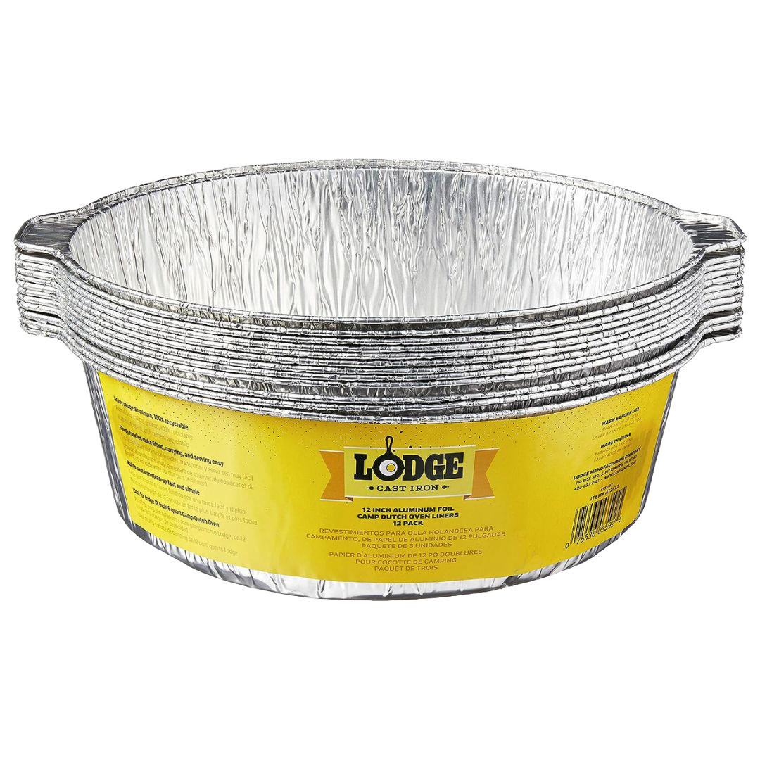 Stack of recyclable heavy gauge aluminum foil liners for 12-inch camp Dutch ovens with yellow Lodge label, ideal for cast iron cookware and included in Kitchen & Food, Cookware, Cast Iron, and Best Sellers collections.