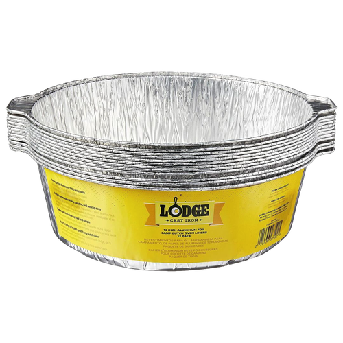 Stack of recyclable heavy gauge aluminum foil liners for 12-inch camp Dutch ovens with yellow Lodge label, ideal for cast iron cookware and included in Kitchen & Food, Cookware, Cast Iron, and Best Sellers collections.