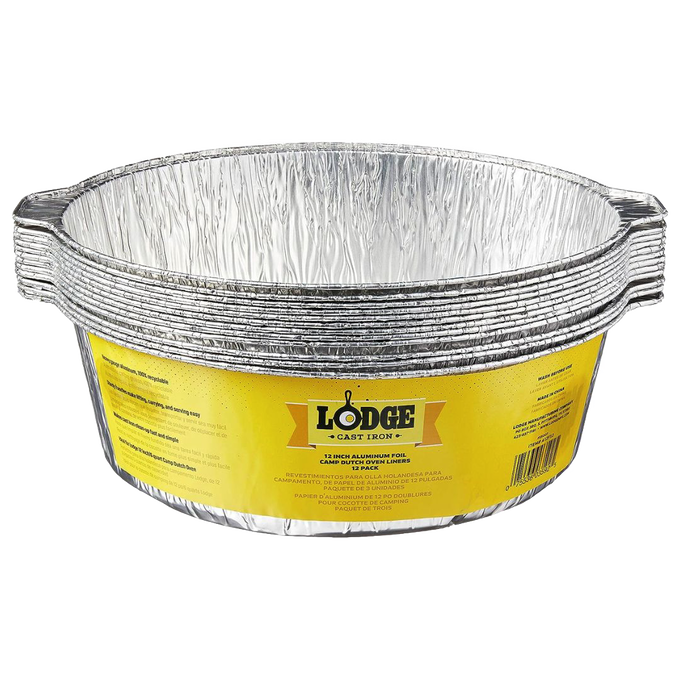 Stack of recyclable heavy gauge aluminum foil liners for 12-inch camp Dutch ovens with yellow Lodge label, ideal for cast iron cookware and included in Kitchen & Food, Cookware, Cast Iron, and Best Sellers collections.