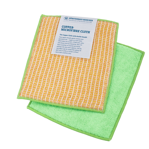 Two-piece cleaning cloth set featuring a copper-threaded scrubbing side and a soft microfiber side, ideal for streak-free kitchen and household use, part of Best Sellers and Household Cleaning collections.
