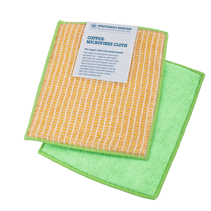 Two-piece cleaning cloth set featuring a copper-threaded scrubbing side and a soft microfiber side, ideal for streak-free kitchen and household use, part of Best Sellers and Household Cleaning collections.