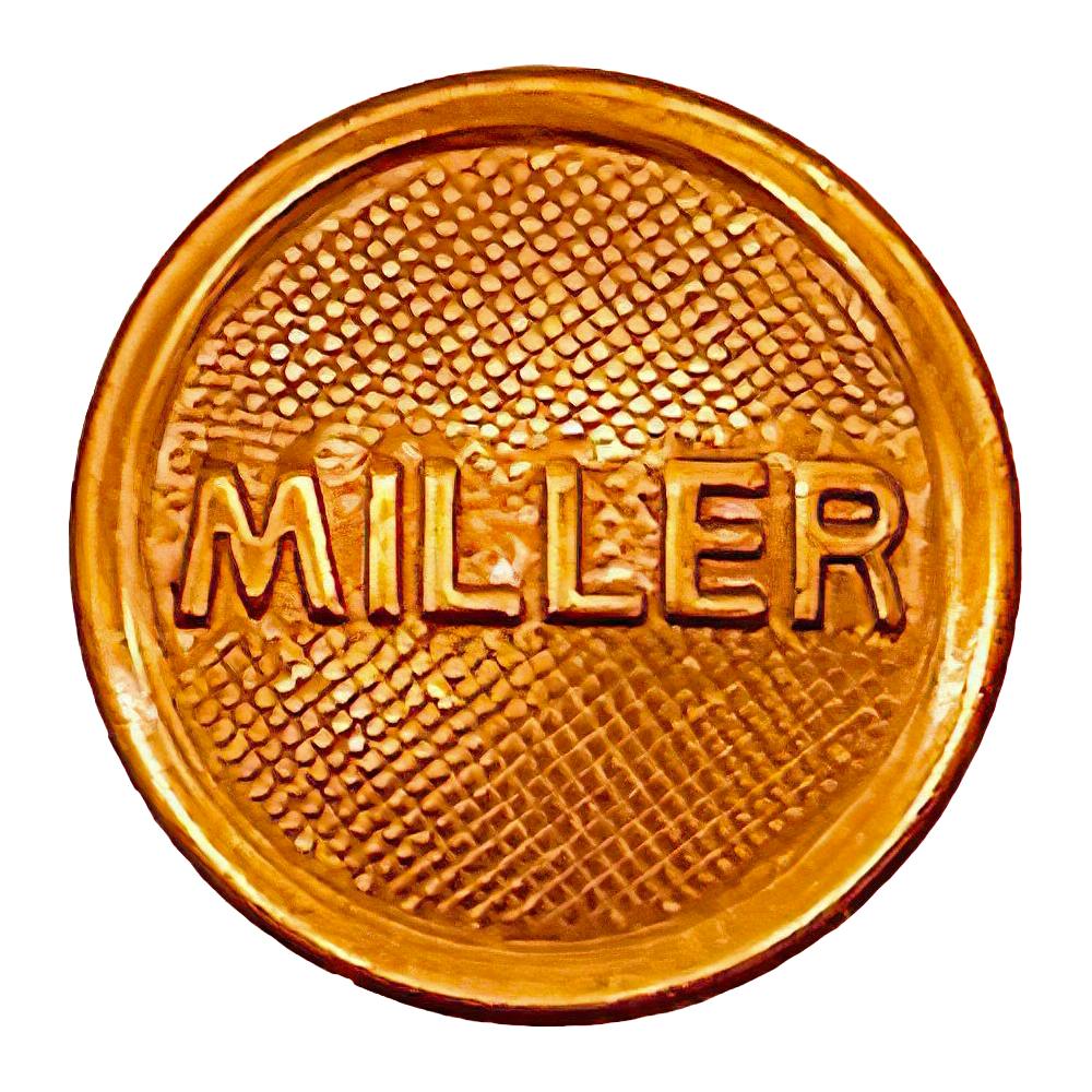 Polished brass filler cap with textured surface and raised "MILLER" logo, designed for oil lamps, featured in lamps and lighting parts and accessories collections.
