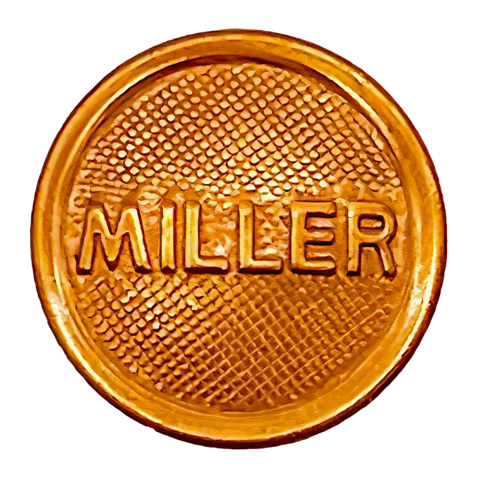 Polished brass filler cap with textured surface and raised "MILLER" logo, designed for oil lamps, featured in lamps and lighting parts and accessories collections.