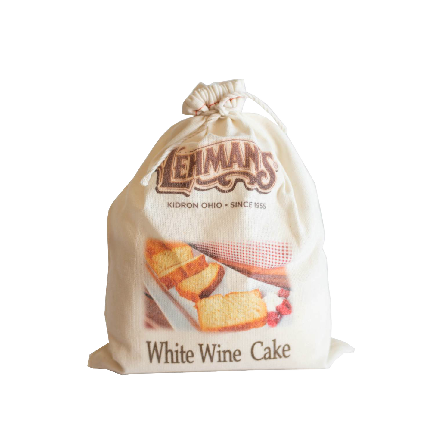 Natural fabric drawstring bag containing handcrafted white wine cake mix with charming Lehman’s branding, perfect for Kitchen & Food, Pantry, Dry Goods and Mixes, Best Sellers, Promo Eligible collections.