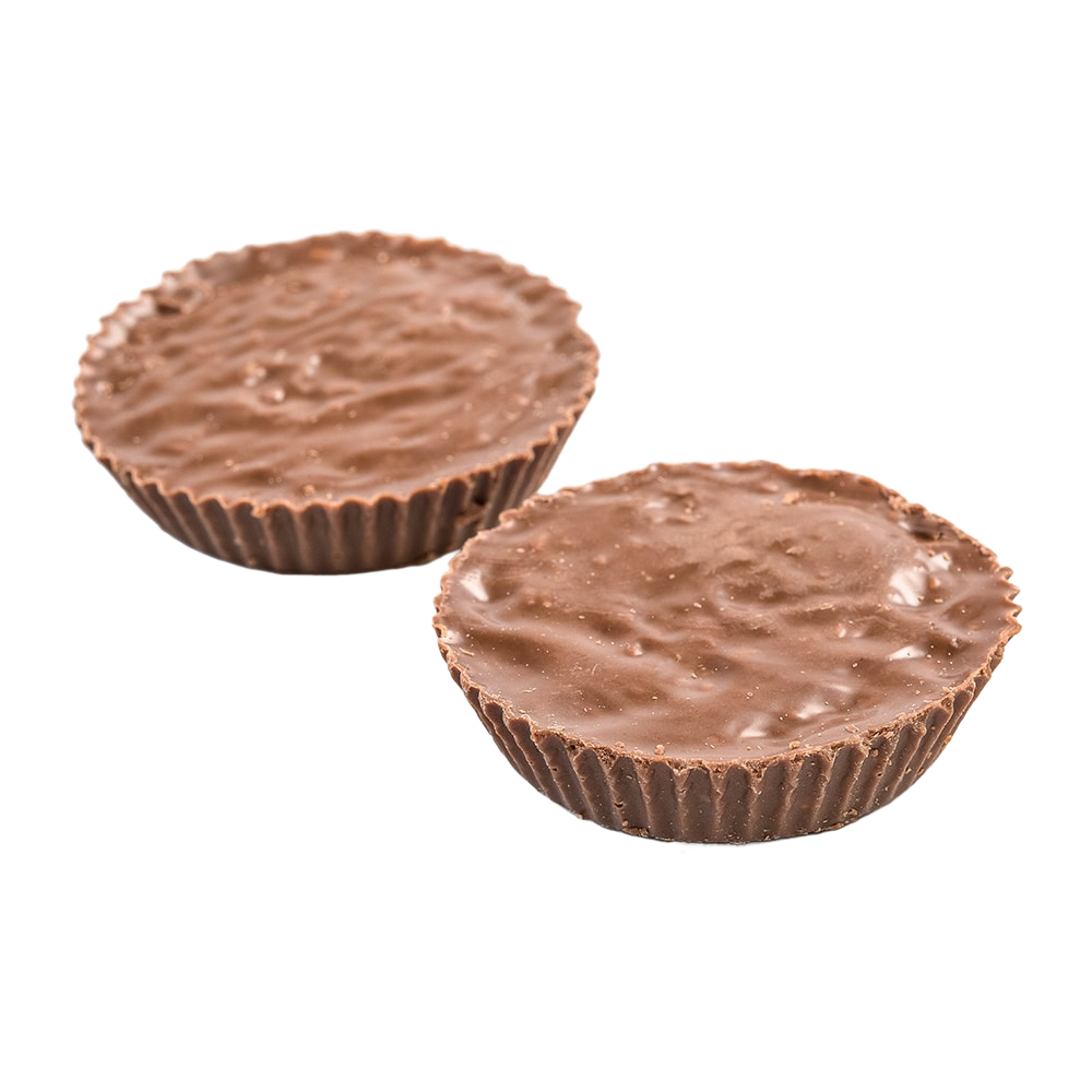 Two creamy milk chocolate cups with textured tops, featuring whipped marshmallow and coconut filling, handcrafted and made in USA, part of Kitchen & Food, Candy, and Best Sellers collections.