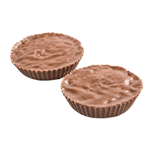Two creamy milk chocolate cups with textured tops, featuring whipped marshmallow and coconut filling, handcrafted and made in USA, part of Kitchen & Food, Candy, and Best Sellers collections.