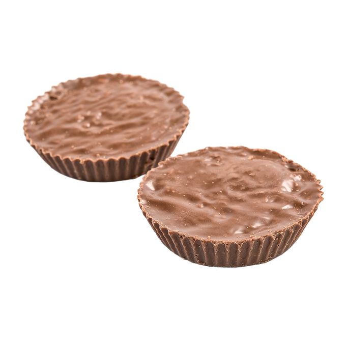 Two creamy milk chocolate cups with textured tops, featuring whipped marshmallow and coconut filling, handcrafted and made in USA, part of Kitchen & Food, Candy, and Best Sellers collections.