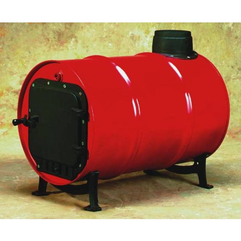Bright red handcrafted barrel wood stove kit with black cast iron doorframe, pipe connection, and legs, designed for heating and hearth accessory collections.