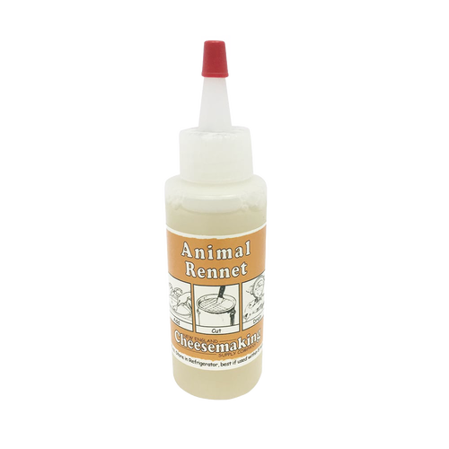 Small plastic bottle of regular strength animal-based rennet with orange and white label, essential for cheesemaking, featured in Kitchen & Food and DIY Cheese and Yogurt collections.