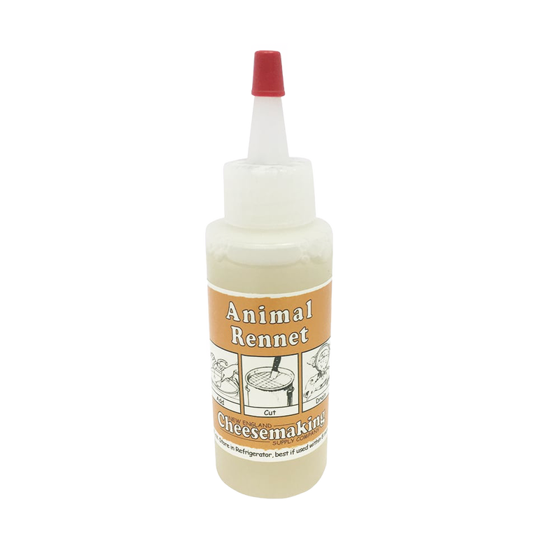 Small plastic bottle of regular strength animal-based rennet with orange and white label, essential for cheesemaking, featured in Kitchen & Food and DIY Cheese and Yogurt collections.