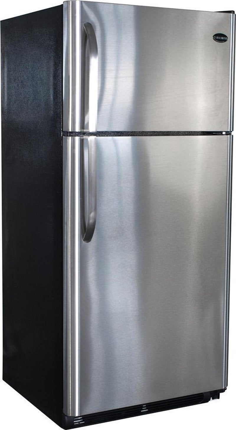 Stainless steel top-freezer refrigerator with curved handles and black sides, handcrafted and featured in Appliances, Refrigerators and Freezers, Best Sellers, and All Stoves & Appliances collections.