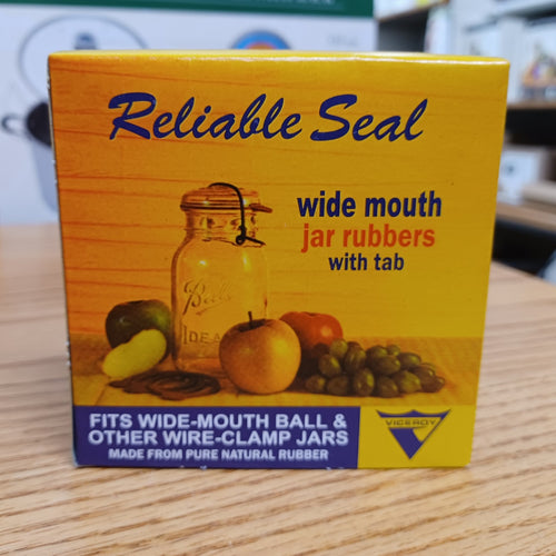 Bright yellow box of wide-mouth jar sealing rings with tabs, crafted from pure natural rubber, compatible with Ball and wire-clamp jars, featured in Kitchen & Food and Food Preservation collections.
