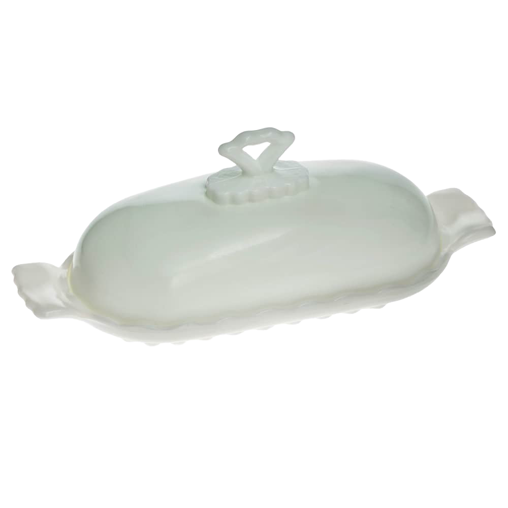 White glass stick butter dish with decorative handle, showcasing elegant vintage-inspired design, handcrafted in USA for Kitchen & Food, Dinnerware, and Making Butter collections.