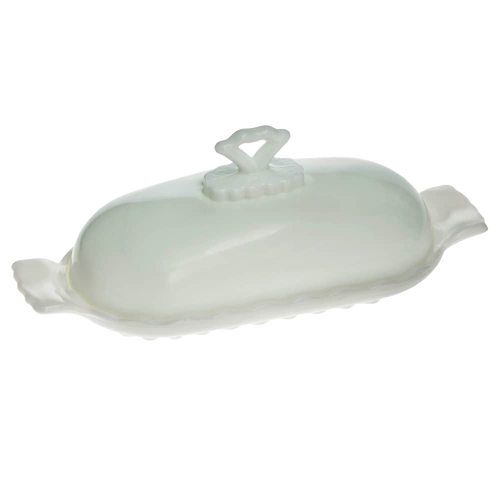 White glass stick butter dish with decorative handle, showcasing elegant vintage-inspired design, handcrafted in USA for Kitchen & Food, Dinnerware, and Making Butter collections.