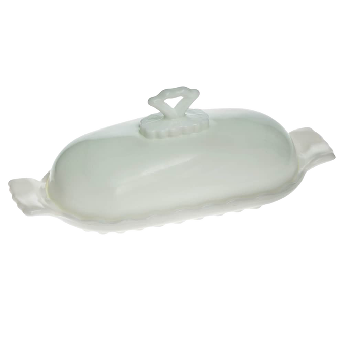 White glass stick butter dish with decorative handle, showcasing elegant vintage-inspired design, handcrafted in USA for Kitchen & Food, Dinnerware, and Making Butter collections.