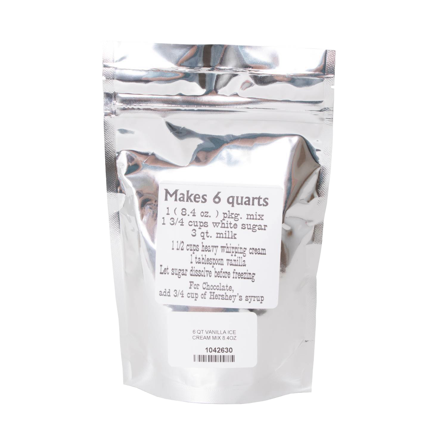 Resealable silver foil pouch containing handcrafted homemade ice cream mix making 6 quarts, ideal for Kitchen & Food, Dry Goods and Mixes, Specialty Equipment, Making Ice Cream, USA Made, Best Sellers, and Promo Eligible collections.