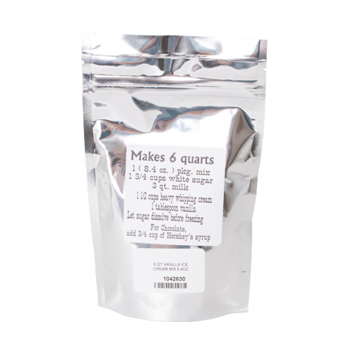 Resealable silver foil pouch containing handcrafted homemade ice cream mix making 6 quarts, ideal for Kitchen & Food, Dry Goods and Mixes, Specialty Equipment, Making Ice Cream, USA Made, Best Sellers, and Promo Eligible collections.