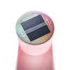 Top view of a colorful inflatable solar LED light with an integrated solar panel and a translucent body glowing in multiple vibrant hues, ideal for outdoor and emergency use.