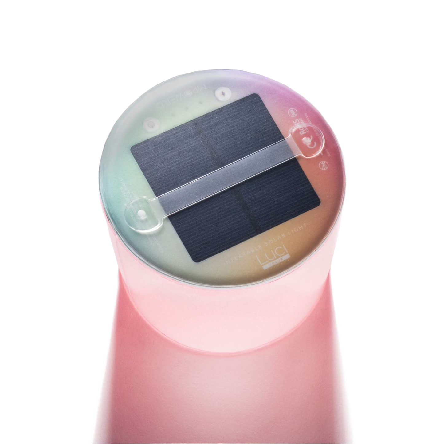 Top view of a colorful inflatable solar LED light with an integrated solar panel and a translucent body glowing in multiple vibrant hues, ideal for outdoor and emergency use.