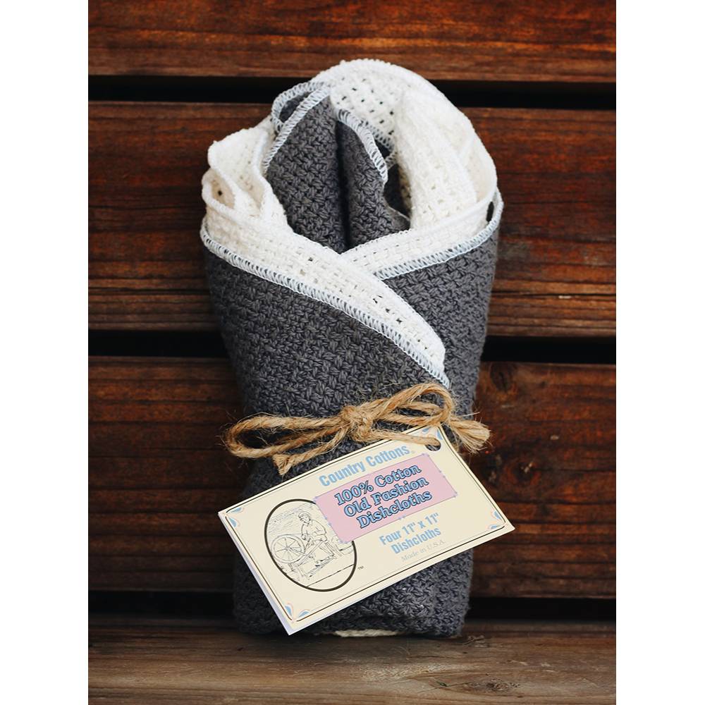 Set of four pre-shrunk 100% cotton dishcloths in natural cream and charcoal gray shades, handwoven and tied with rustic twine, ideal for Kitchen & Food, Kitchen Textiles, USA Made, and Best Sellers collections.