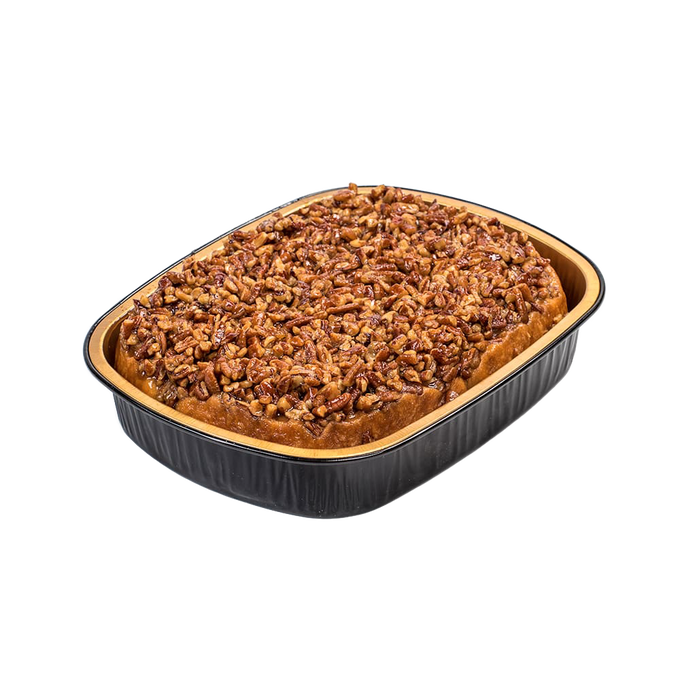 Freshly baked pecan rolls generously topped with chopped pecans and a rich caramel glaze, presented in a disposable baking pan, handcrafted and made in the USA, ideal for Kitchen & Food and Snacks and Sweets collections.