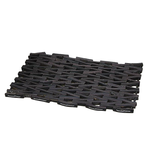Heavy-duty black doormat woven from recycled tire strips in a traditional herringbone pattern, handcrafted for long-lasting use in Home & Decor, Household Helpers, Best Sellers, and Promo Eligible collections.