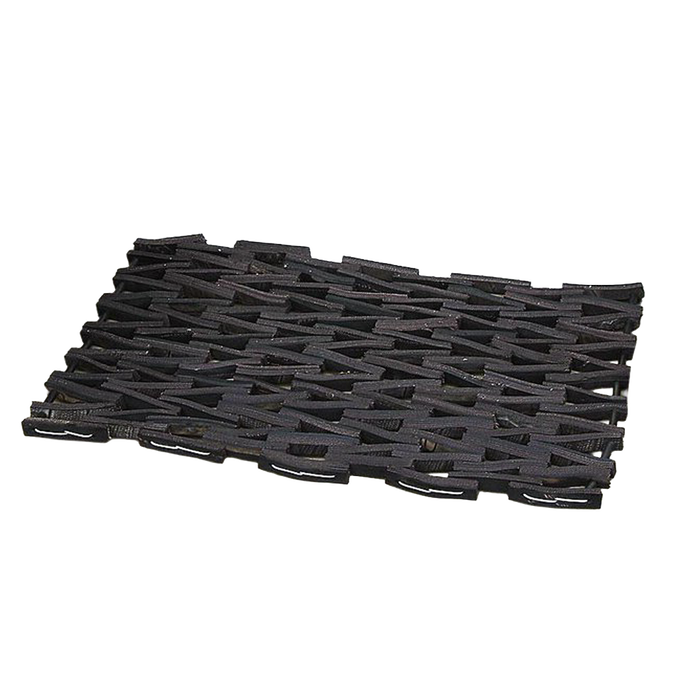 Heavy-duty black doormat woven from recycled tire strips in a traditional herringbone pattern, handcrafted for long-lasting use in Home & Decor, Household Helpers, Best Sellers, and Promo Eligible collections.