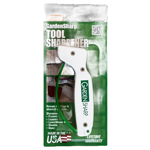 Compact garden tool sharpener with a white body and green label, featuring a reversible diamond-honed tungsten carbide edge, made in USA for Farm, Garden & Tool and Lawncare collections.