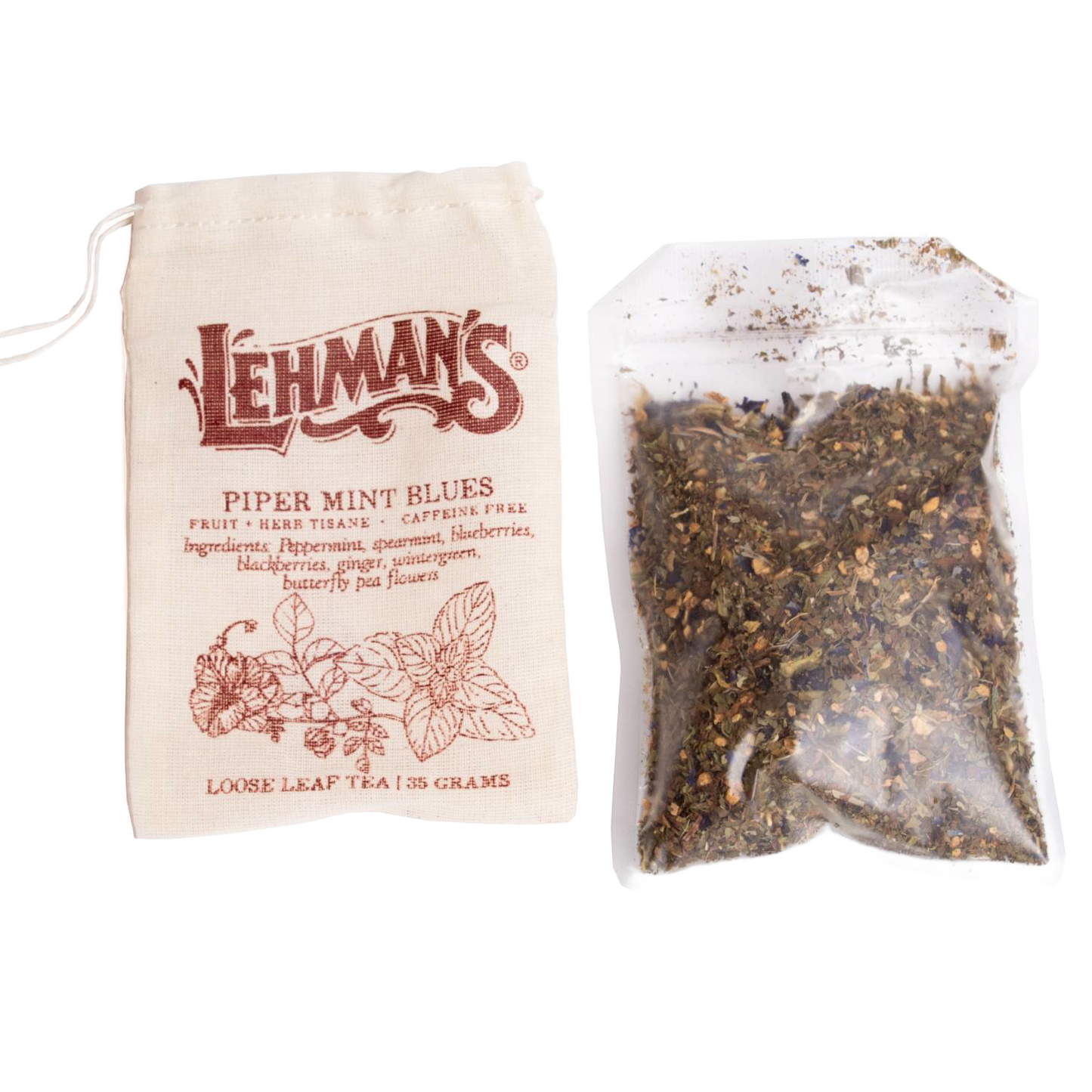 Natural beige drawstring muslin bag labeled Lehman's Piper Mint Blues loose leaf fruit and herb tisane next to a clear pouch of handcrafted tea blend, a USA made beverage from Kitchen & Food and Beverages collections.