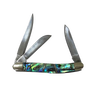Compact handcrafted traditional pocket knife featuring three stainless steel blades and an iridescent abalone shell handle with smooth brass terminals, ideal for camping and farm use.
