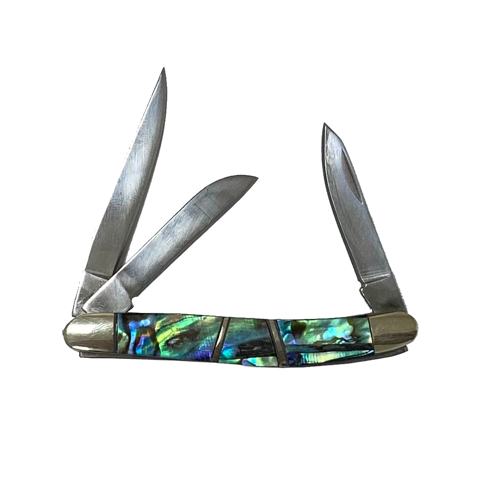 Compact handcrafted traditional pocket knife featuring three stainless steel blades and an iridescent abalone shell handle with smooth brass terminals, ideal for camping and farm use.