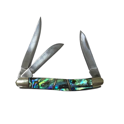 Compact handcrafted traditional pocket knife featuring three stainless steel blades and an iridescent abalone shell handle with smooth brass terminals, ideal for camping and farm use.