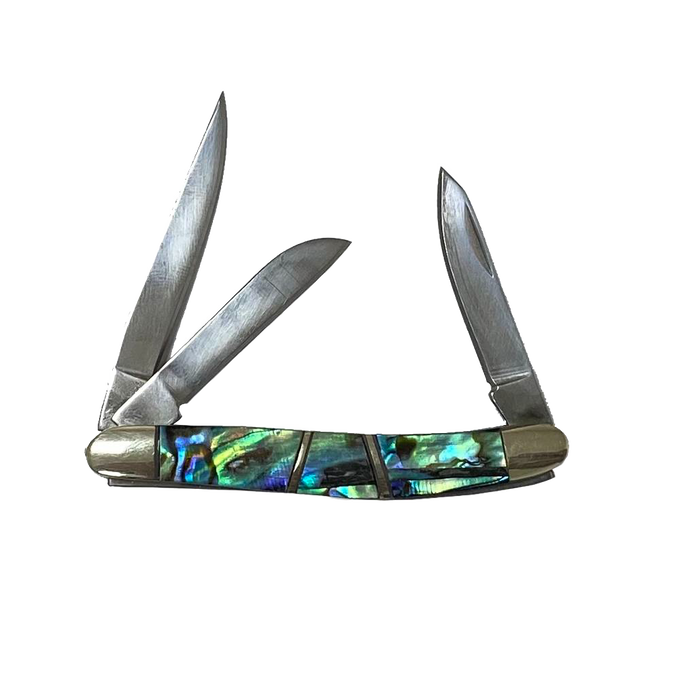 Compact handcrafted traditional pocket knife featuring three stainless steel blades and an iridescent abalone shell handle with smooth brass terminals, ideal for camping and farm use.