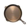 Top view of a handcrafted, lightweight cast iron skillet with smooth cooking surface, dual pour spouts, and size marking made in the USA, ideal for Kitchen & Food, Camping, and Cookware collections.
