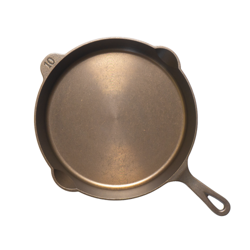 Top view of a handcrafted, lightweight cast iron skillet with smooth cooking surface, dual pour spouts, and size marking made in the USA, ideal for Kitchen & Food, Camping, and Cookware collections.
