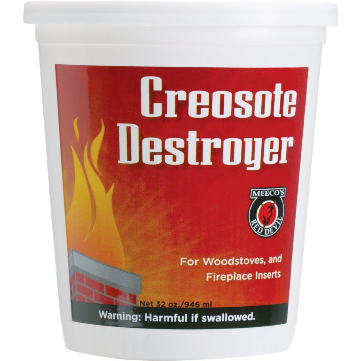 White plastic container with a red label reading "Creosote Destroyer" featuring flame graphics and a brick chimney illustration, suitable for Stoves, Hearth Accessories, Best Sellers, Promo Eligible, and All Stoves & Appliances collections.