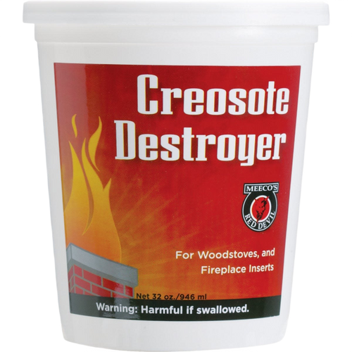 White plastic container with a red label reading "Creosote Destroyer" featuring flame graphics and a brick chimney illustration, suitable for Stoves, Hearth Accessories, Best Sellers, Promo Eligible, and All Stoves & Appliances collections.