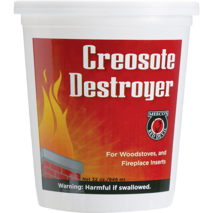White plastic container with a red label reading "Creosote Destroyer" featuring flame graphics and a brick chimney illustration, suitable for Stoves, Hearth Accessories, Best Sellers, Promo Eligible, and All Stoves & Appliances collections.