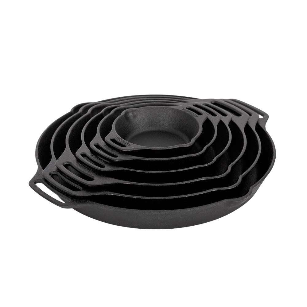 Set of handcrafted cast iron fire skillets with two side handles, nested together, designed for durable use in farm, garden, kitchen, camping, cookware, and cast iron collections.