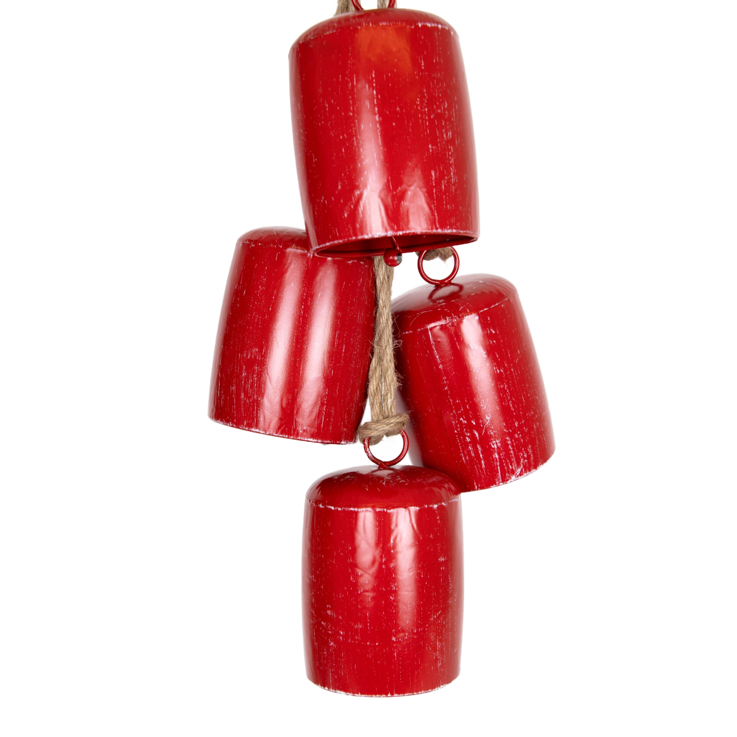 Set of four handcrafted red metal cowbells with an antiqued finish, strung on rustic rope for easy hanging and a festive jingle, ideal for Home & Decor, Holiday Decor, Best Sellers, and Promo Eligible collections.
