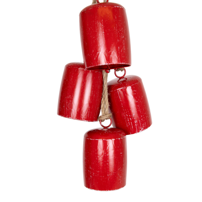 Set of four handcrafted red metal cowbells with an antiqued finish, strung on rustic rope for easy hanging and a festive jingle, ideal for Home & Decor, Holiday Decor, Best Sellers, and Promo Eligible collections.