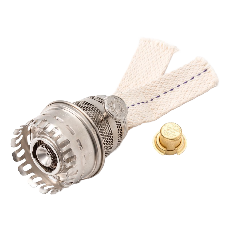 High-output lamp burner with durable metal construction and dual cotton wicks, featuring a brass adjustment knob, perfect for lamps and lighting repair and upgrades.